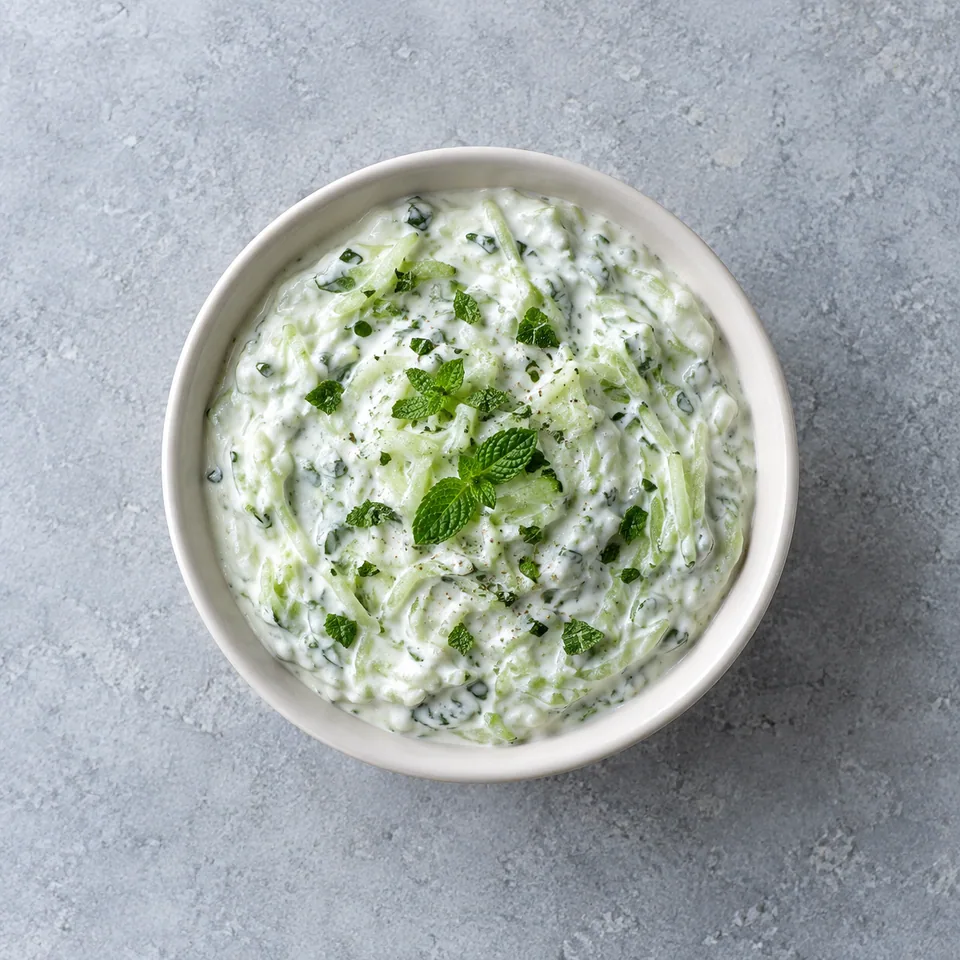 Sauce au yaourt et concombre dans un petit bol, blanche et crémeuse, avec concombre râpé et menthe verte.