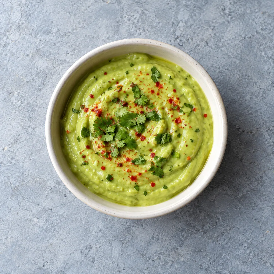 Sauce avocat et citron vert : petite portion de sauce vert clair, lisse, avec des éclats de coriandre.