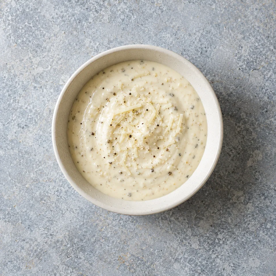 Sauce Caesar au yaourt crémeuse, blanc ivoire, dans un petit bol, avec de fines particules d’ail et de fromage.
