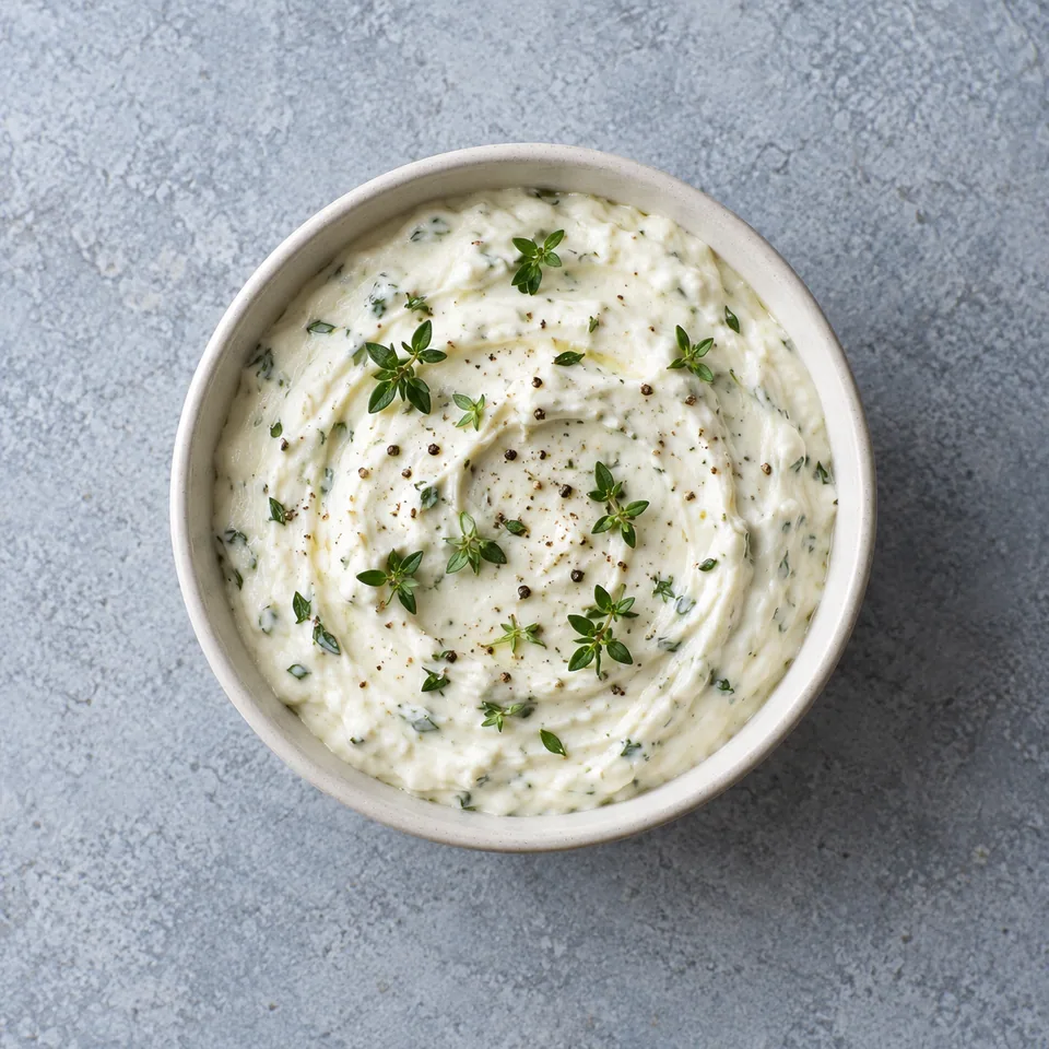 Sauce chèvre frais et herbes crémeuse, blanche, parsemée de thym et de poivre dans un petit bol.