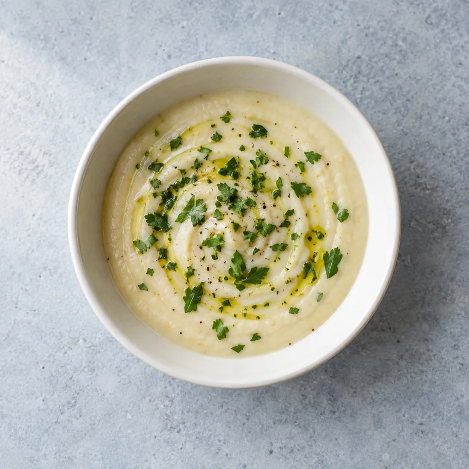 Sauce haricots blancs citronnée, lisse et blanc cassé, servie dans un petit bol avec de fines touches vertes de persil.