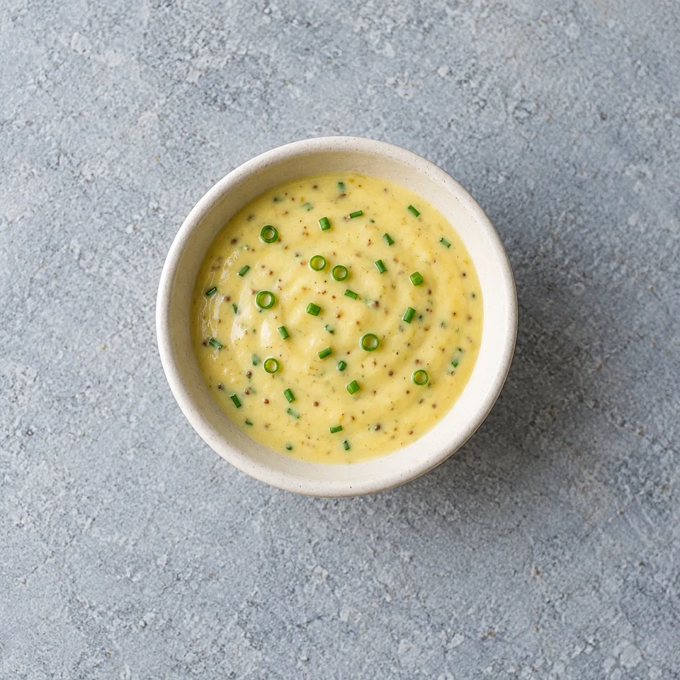 Sauce moutarde au fromage blanc, portion crémeuse jaune pâle parsemée de ciboulette dans un petit bol.