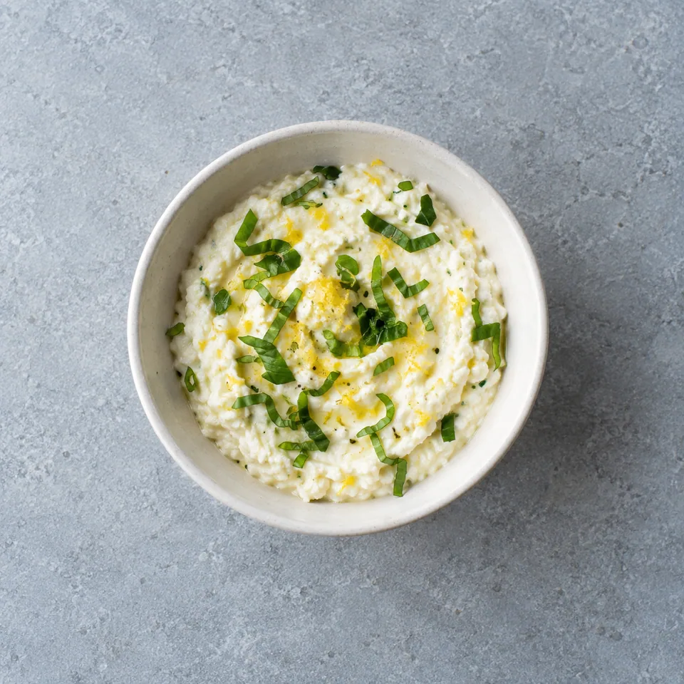Sauce ricotta au citron et au basilic, crème blanche avec zestes jaunes et basilic vert ciselé dans un petit bol.