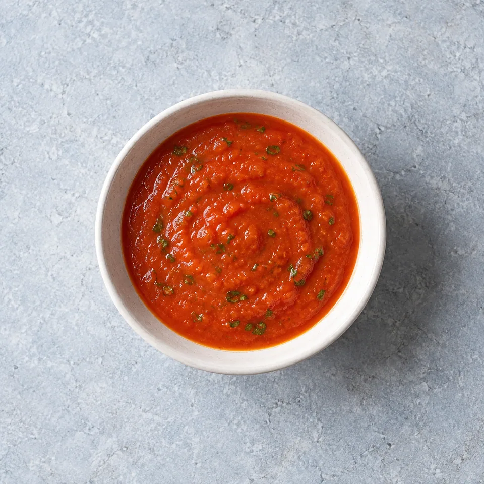 Sauce tomate au basilic : petite portion de sauce rouge lisse avec de fines taches vertes dans un bol.
