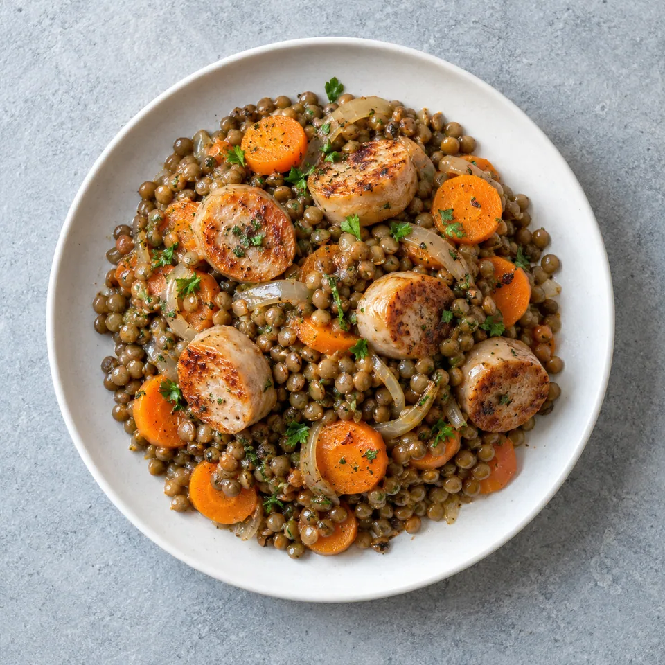 Saucisse de volaille aux lentilles : lentilles avec carottes en rondelles, oignon émincé et morceaux de saucisse dorés.