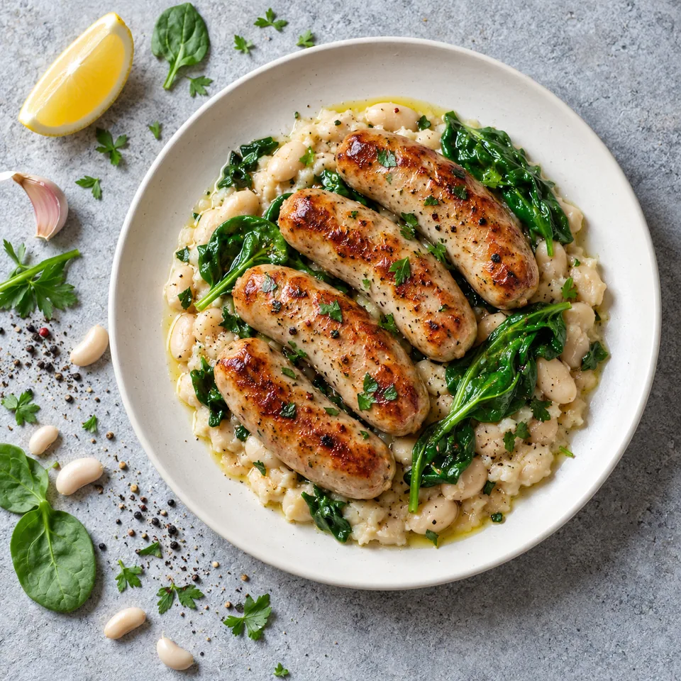 Saucisses de volaille dorées sur écrasé de haricots blancs et jeunes pousses d'épinards verts sur assiette blanche.