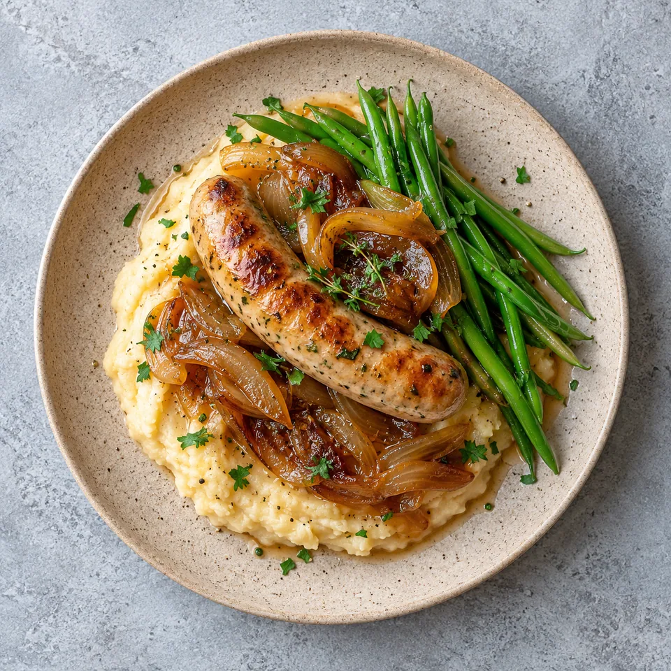 Saucisses de volaille, purée de céleri et oignons confits : assiette avec purée, saucisses dorées, haricots verts et oignons caramélisés.
