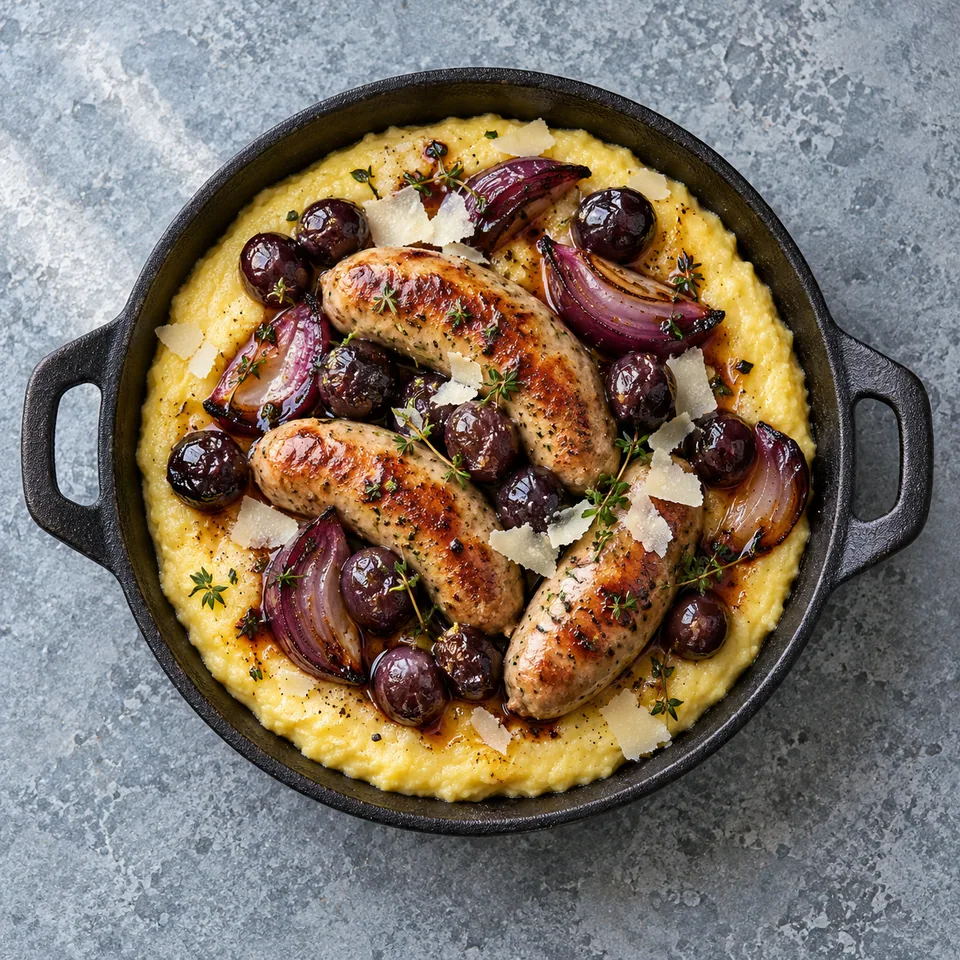 Saucisses de volaille, raisin et polenta crémeuse dans un petit poêlon en fonte noire, polenta onctueuse, saucisses dorées, raisin rôti et oignons rouges.