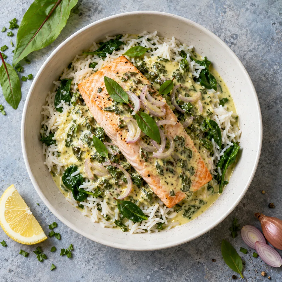 Saumon à l’oseille et riz basmati : saumon rose cuit sur riz vert et sauce crème dans un bol blanc.