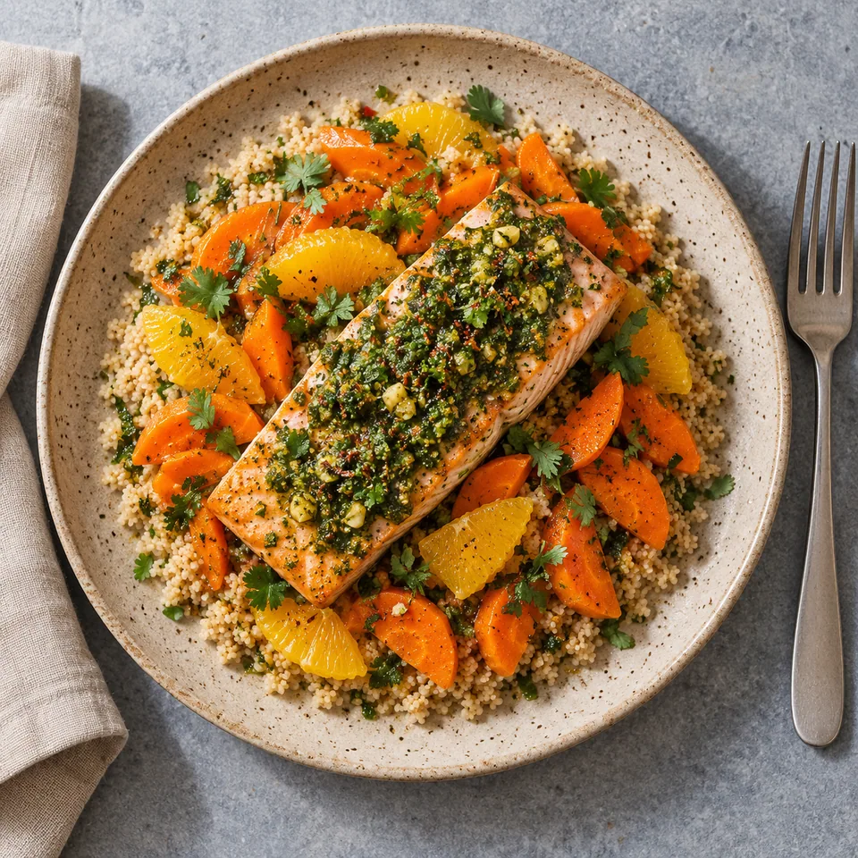 Saumon à la chermoula sur lit de carottes et semoule complète, nappé de sauce verte.