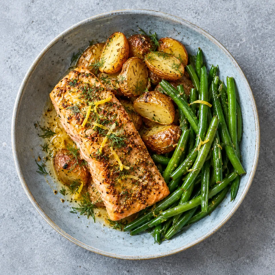 Saumon à la moutarde aux grenailles et haricots verts sur assiette bleue, garni d'aneth.