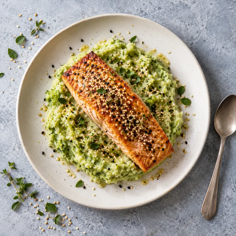 Saumon au four sur purée de brocoli et pommes de terre, parsemé de graines de sésame grillées, servi sur une assiette blanche.