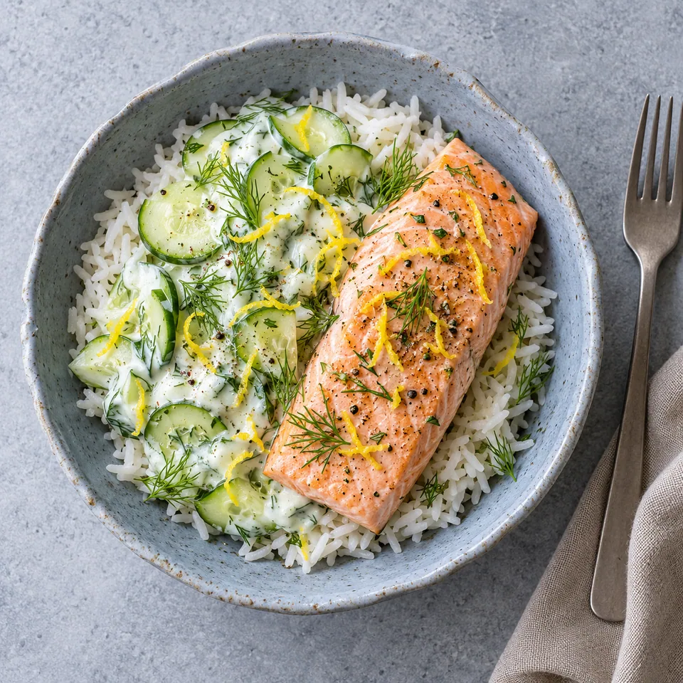 Bol de riz et saumon au micro-ondes avec sauce au concombre et aneth