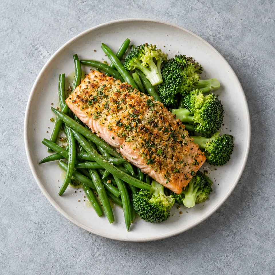 Saumon en croûte d’herbes dorée, servi avec des haricots verts et des fleurettes de brocoli, dans une assiette vue de dessus.