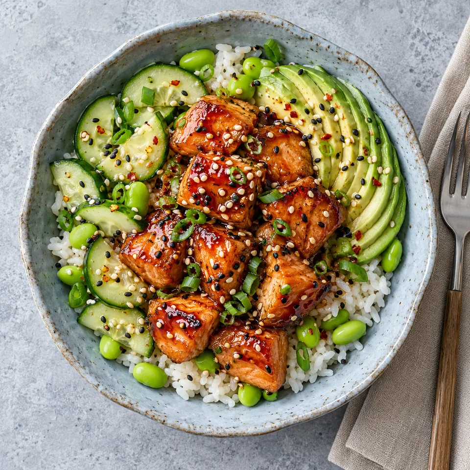 Bol de riz saumon laqué au miel pimenté, edamames, concombre et avocat, vue de dessus.