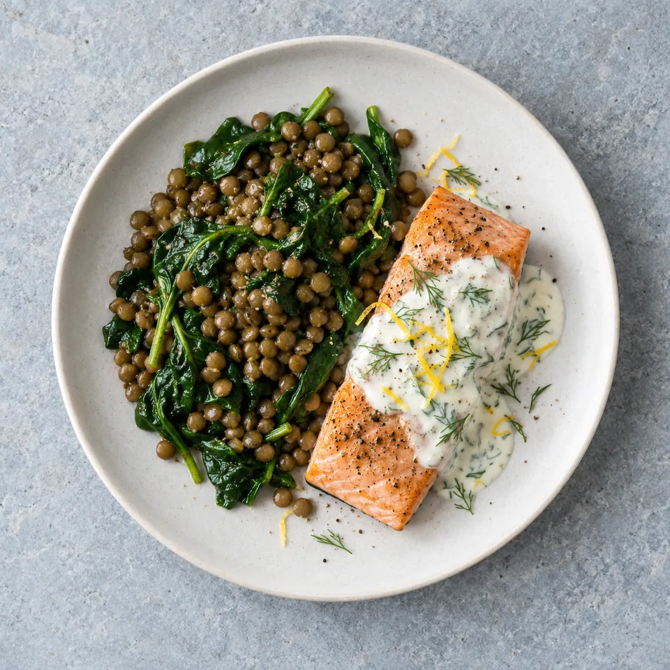 Saumon, lentilles et épinards : petit pavé rose, lentilles brun-vert et feuilles foncées, sauce blanche à l’aneth.