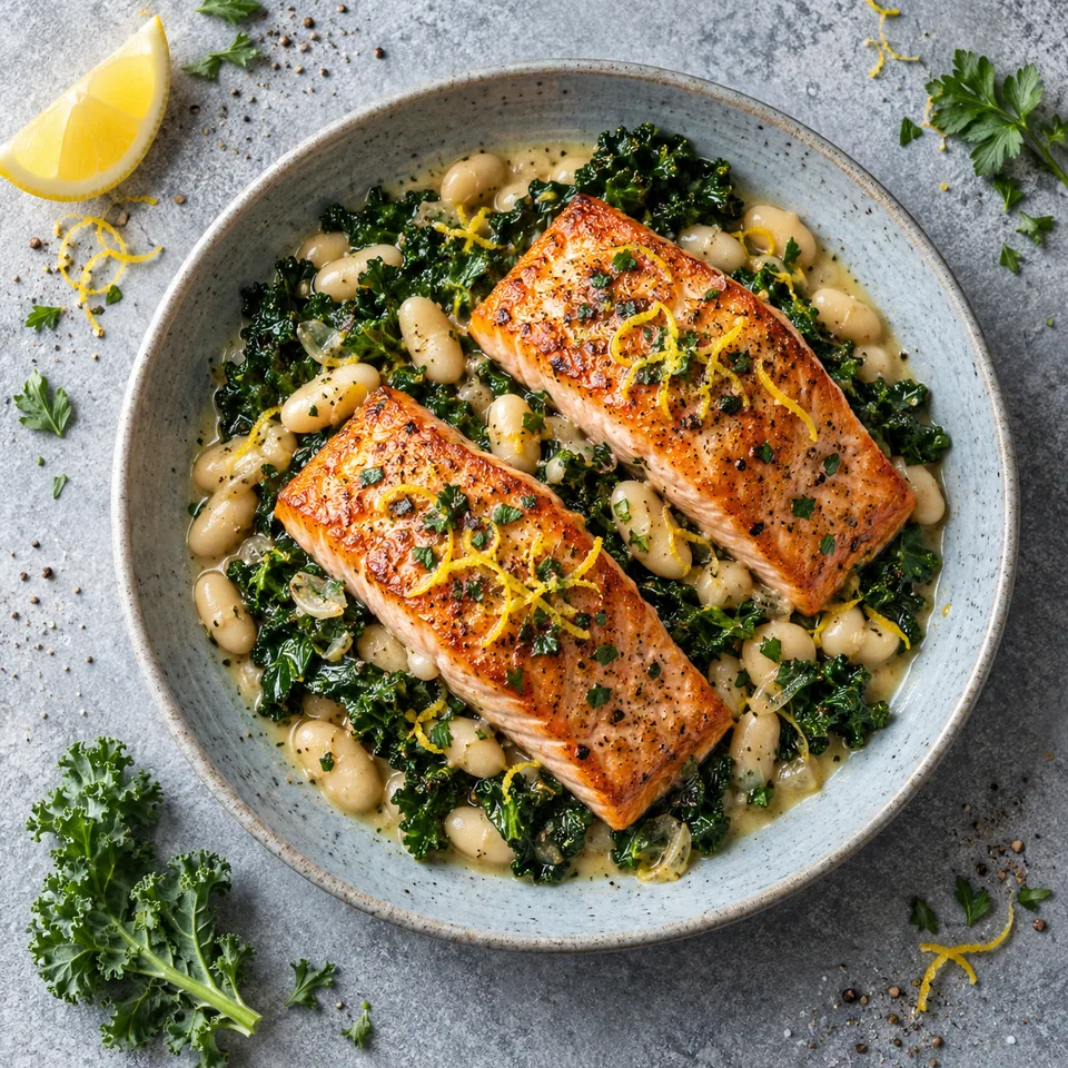 Saumon poêlé doré sur kale et haricots blancs au citron, sauce brillante, assiette bleu-gris.