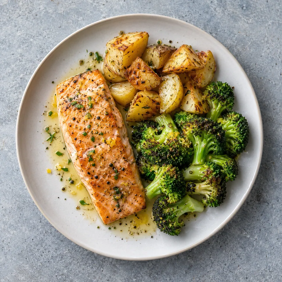 Saumon rôti, brocoli et pommes de terre : un pavé rosé, des fleurettes vertes et des pommes de terre dorées, avec un jus citronné.