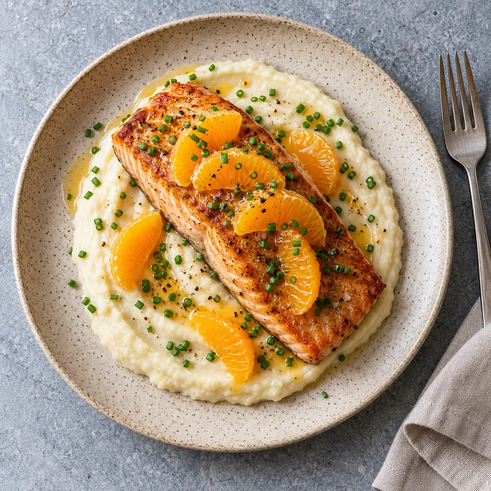Saumon rôti doré sur purée de céleri blanc, garni de clémentines et ciboulette sur assiette grès beige.