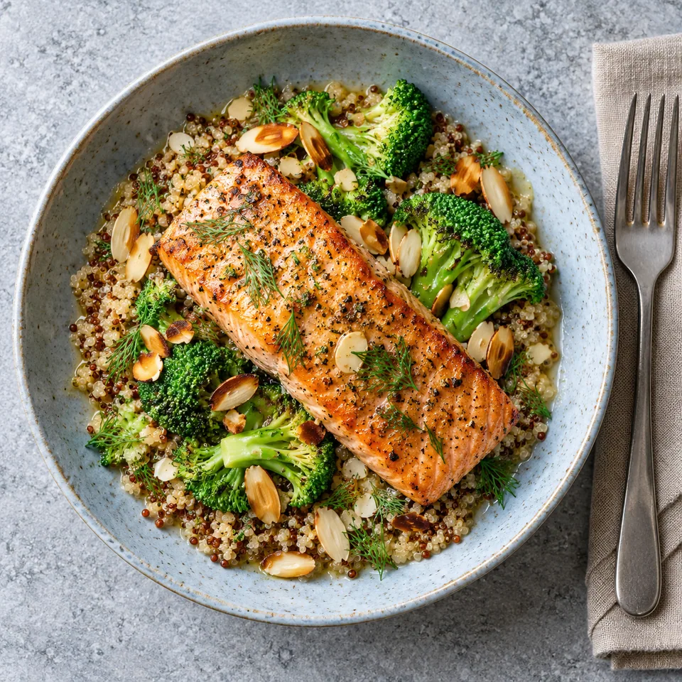 Saumon rôti sur quinoa avec brocolis et amandes sur assiette bleue