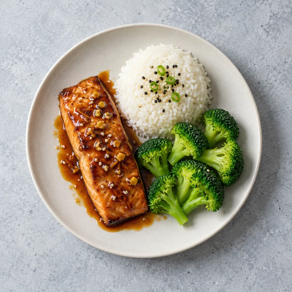 Saumon teriyaki nappé, riz blanc en dôme et fleurettes de brocoli vert disposés côte à côte dans une assiette.
