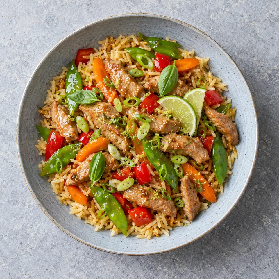 Sauté de porc au gingembre et citron vert : porc, riz, légumes colorés et herbes dans une assiette creuse bleu-gris.