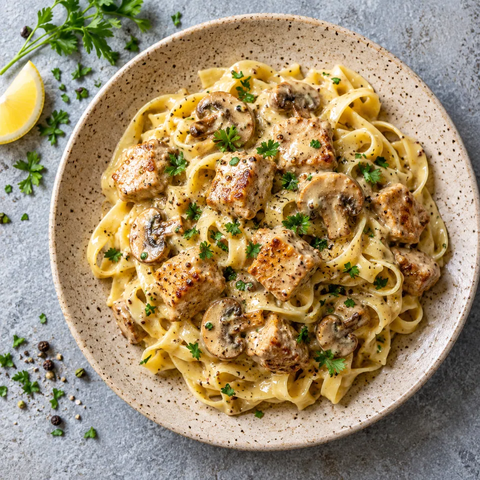 Sauté de porc moutarde et champignons sur tagliatelles, sauce dorée, persil frais.