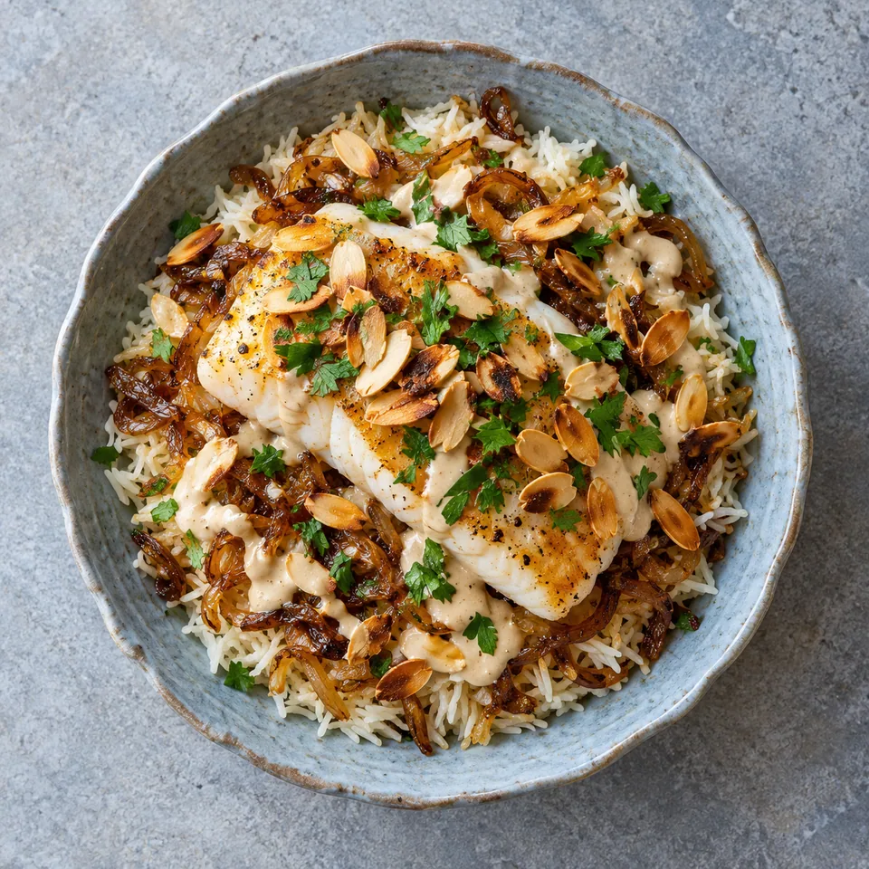 Sayadieh : bol de riz nappé de sauce tahini, filet de cabillaud blanc, amandes dorées et persil vert.