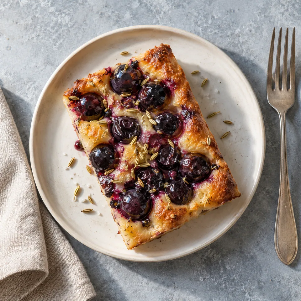 Part de schiacciata all’uva aux raisins noirs sur assiette blanche, pâte dorée et raisins éclatés.
