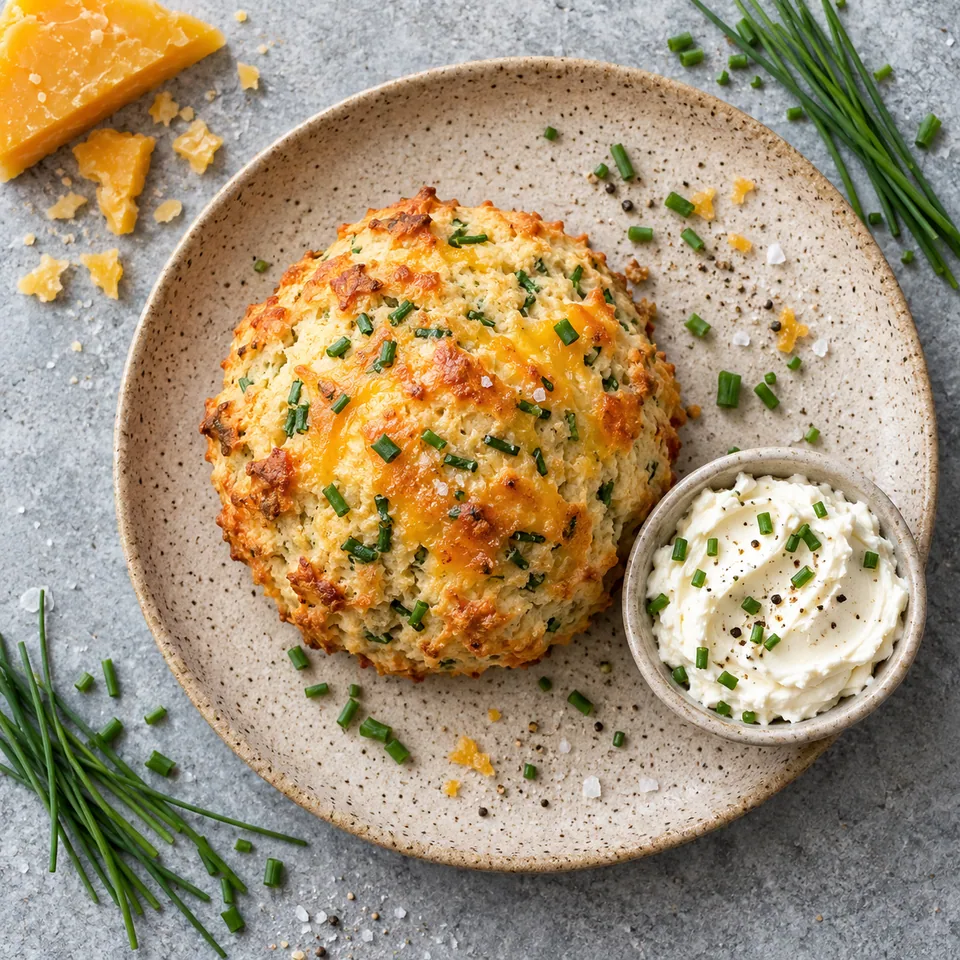 Scone au cheddar et ciboulette doré avec une portion de fromage frais blanc sur une assiette beige mouchetée.