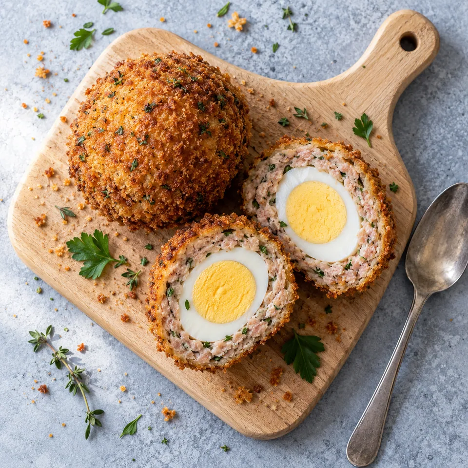 Scotch eggs de volaille aux herbes : une portion coupée en deux sur une planche en bois, montrant la farce et l'œuf dur.