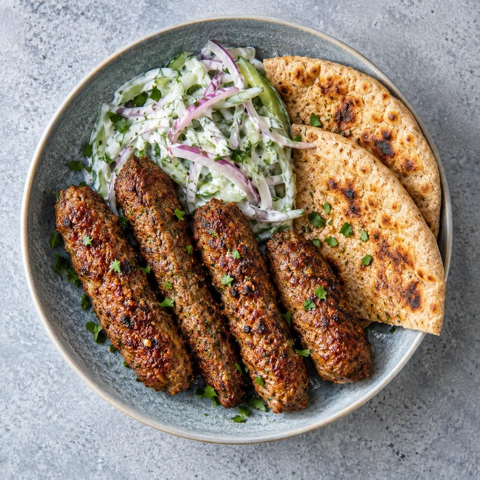Seekh kebabs de bœuf grillés dorés avec naan et salade de concombre yaourt sur assiette bleue