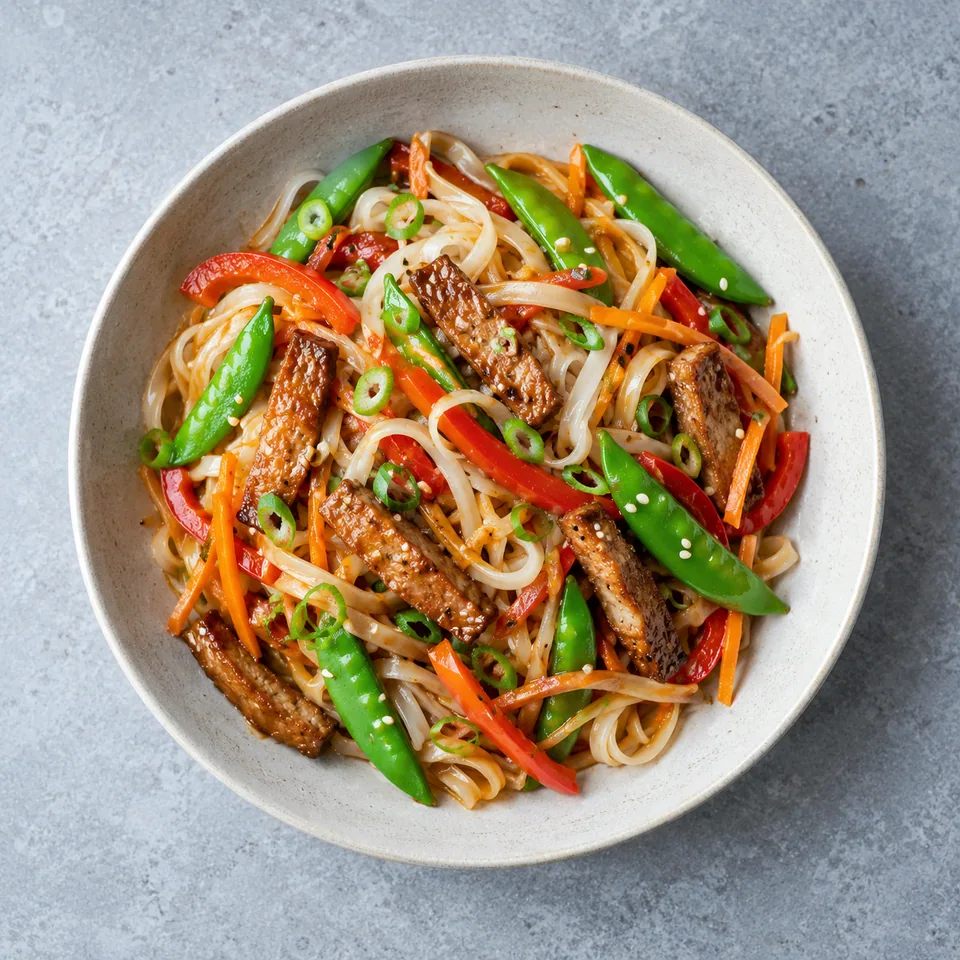 Seitan, nouilles de riz et légumes croquants : nouilles, seitan doré, poivron, carottes et pois gourmands en sauce.