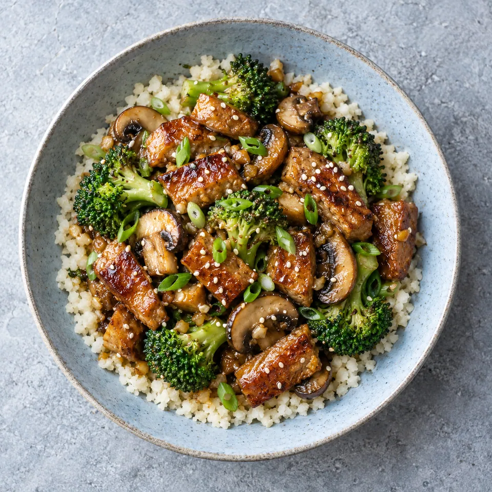 Seitan sauté au gingembre, brocoli et champignons servi sur riz de chou-fleur dans une assiette creuse bleu-gris.