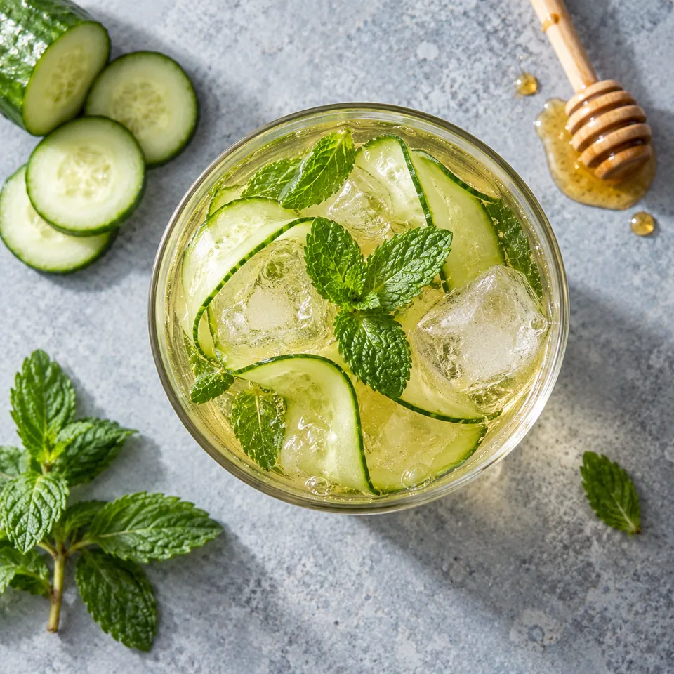 Sekanjabin, boisson persane au concombre dans un verre avec glaçons, menthe et copeaux de concombre.