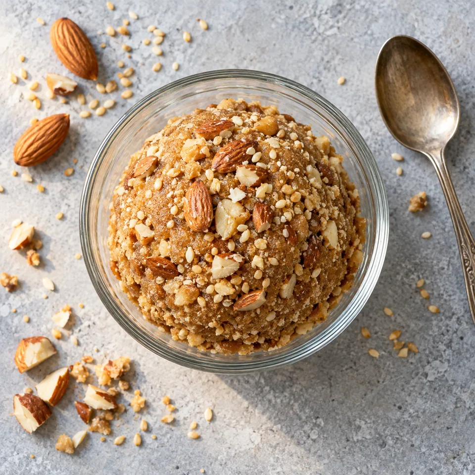 Une boule de sellou marocain aux amandes et sésame dans une verrine en verre, vue de dessus.