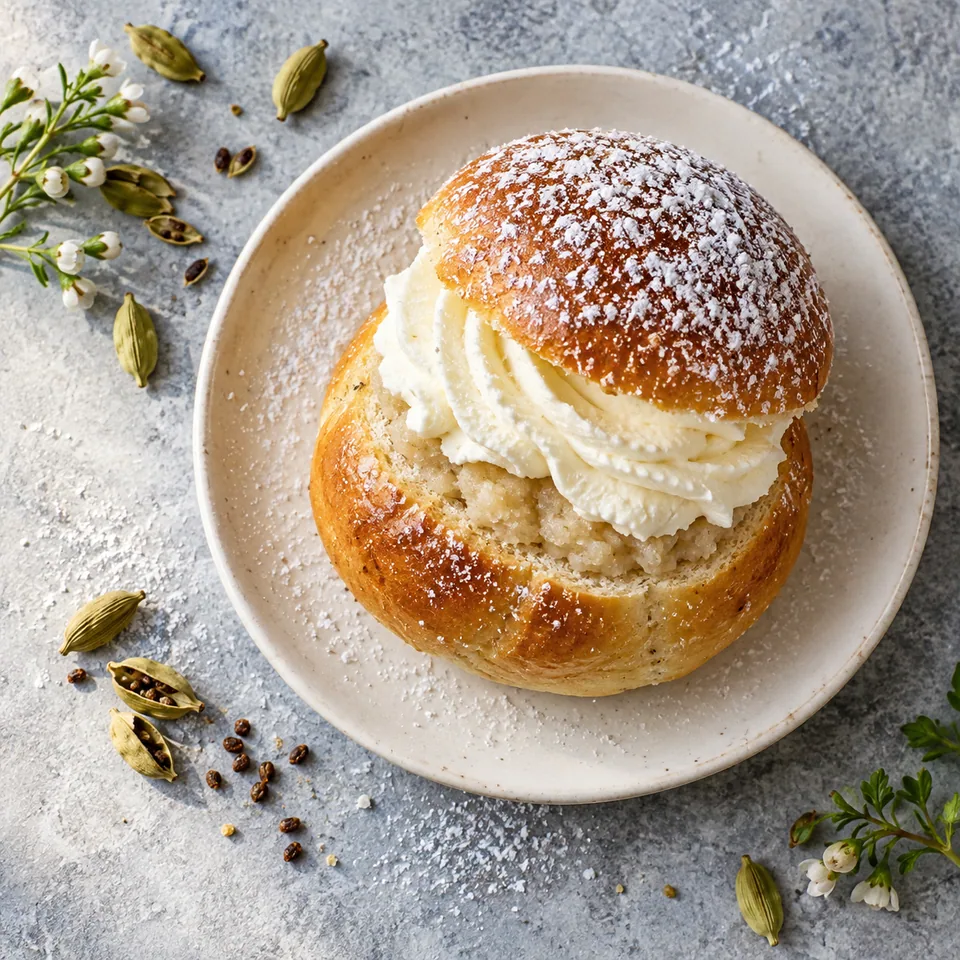 Semlor : brioche suédoise à la cardamome garnie de crème et de pâte d'amande, saupoudrée de sucre glace.
