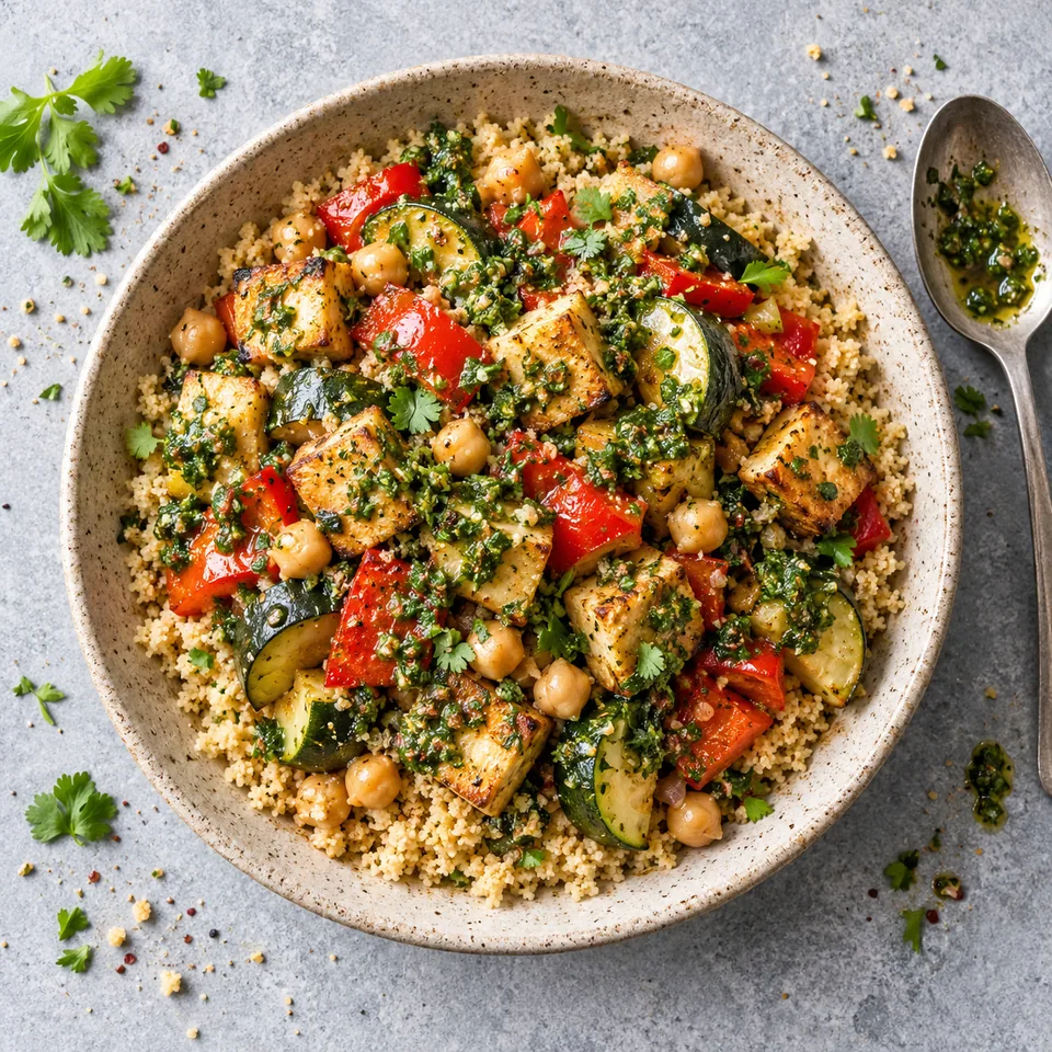 Assiette de semoule aux légumes, tofu et chermoula : semoule complète, pois chiches, tofu doré, courgette, poivron rouge et sauce verte brillante.