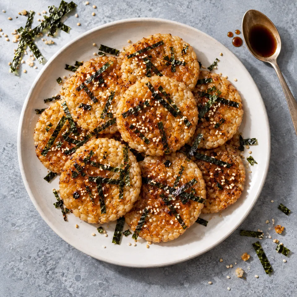 Senbei maison au soja et au nori : crackers de riz dorés, croustillants, nappés de sauce soja, nori et sésame sur assiette blanche.
