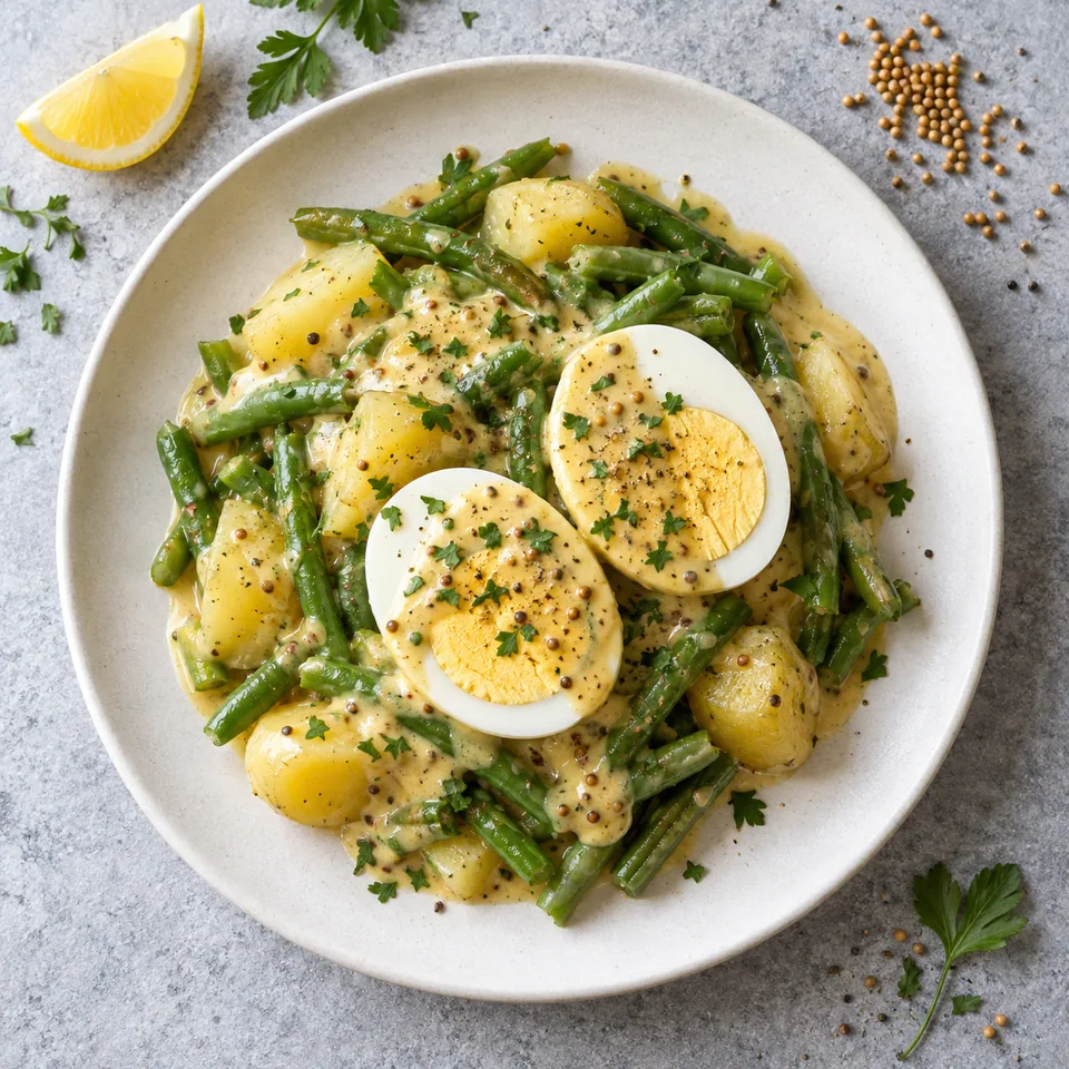 Senfeier : œufs durs à la moutarde sur pommes de terre et haricots verts, nappés de sauce jaune dorée, sur assiette blanche.