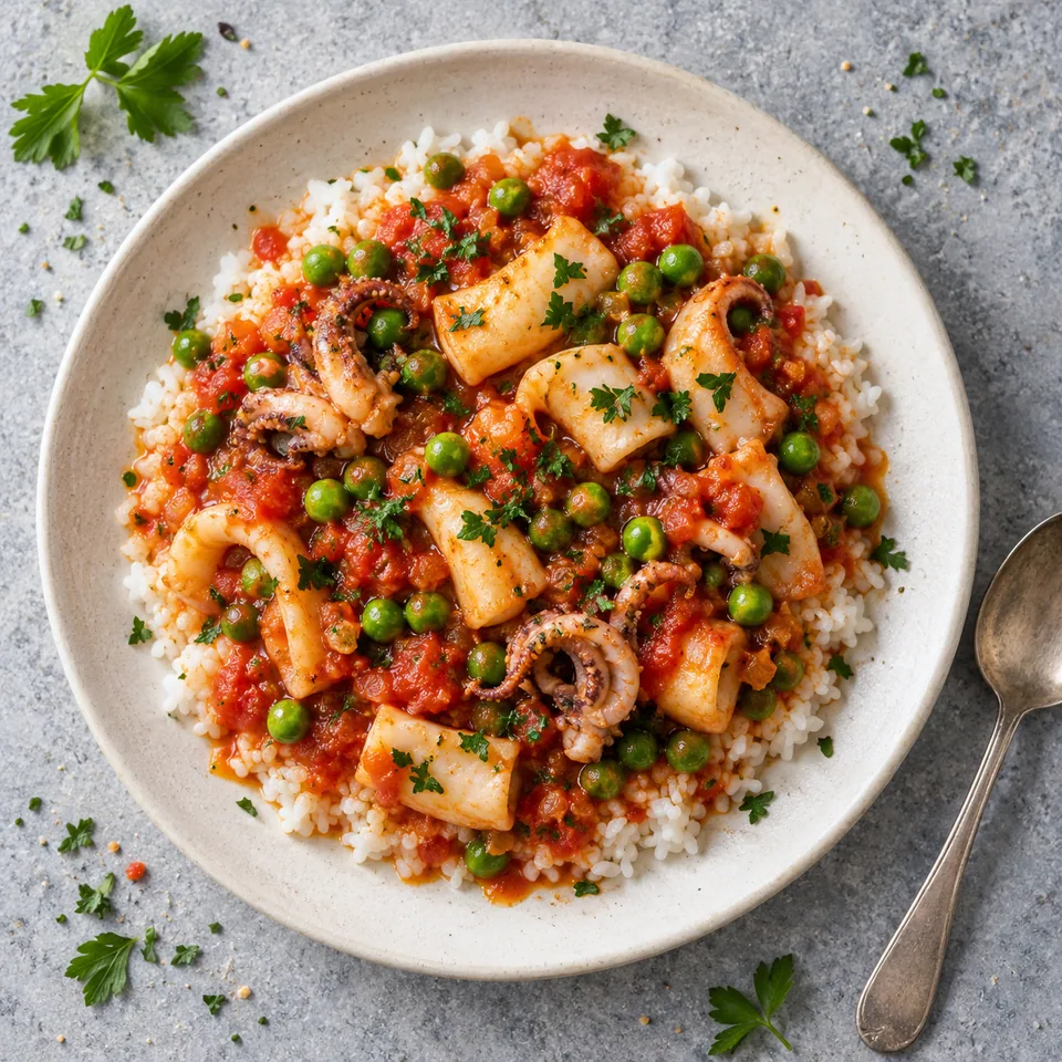 Sepia con guisantes : portion de riz blanc nappé de sauce tomate rouge, petits pois verts et morceaux de seiche blanche, parsemée de persil.