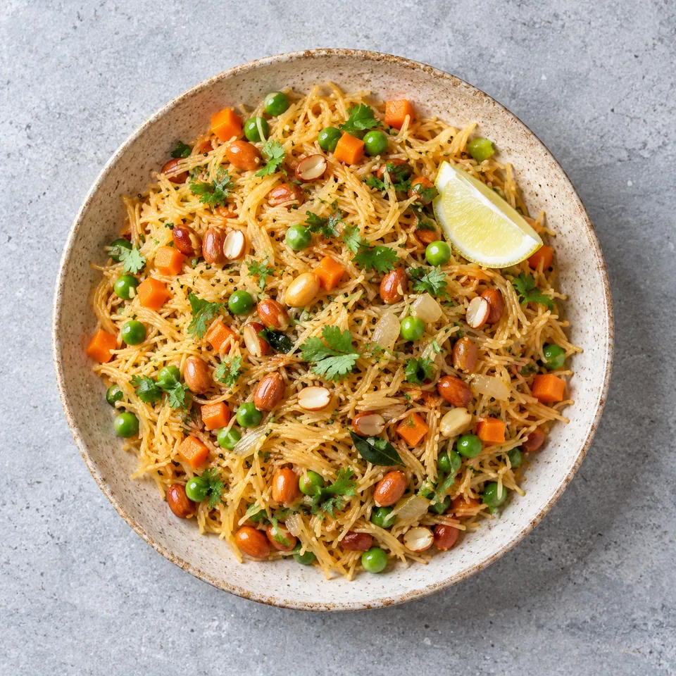 Assiette de sevai upma aux légumes et cacahuètes : vermicelles dorés, dés de carotte, petits pois verts et coriandre fraîche.