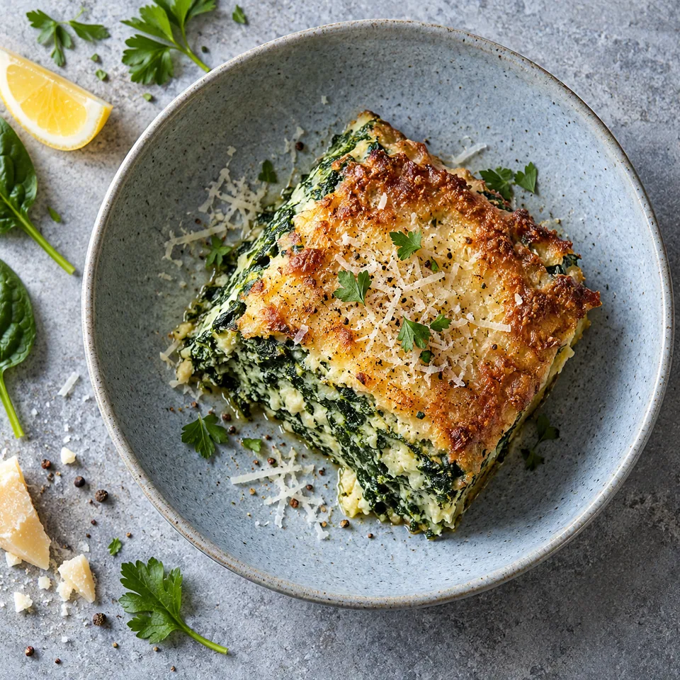 Sformato d’épinards au parmesan : part dorée et fondante sur assiette bleue.