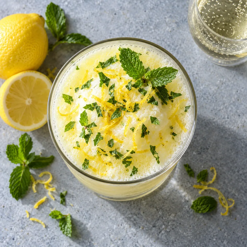 Sgroppino au citron, prosecco et menthe : mousse jaune pâle dans un grand verre, garnie de zeste et menthe fraîche.