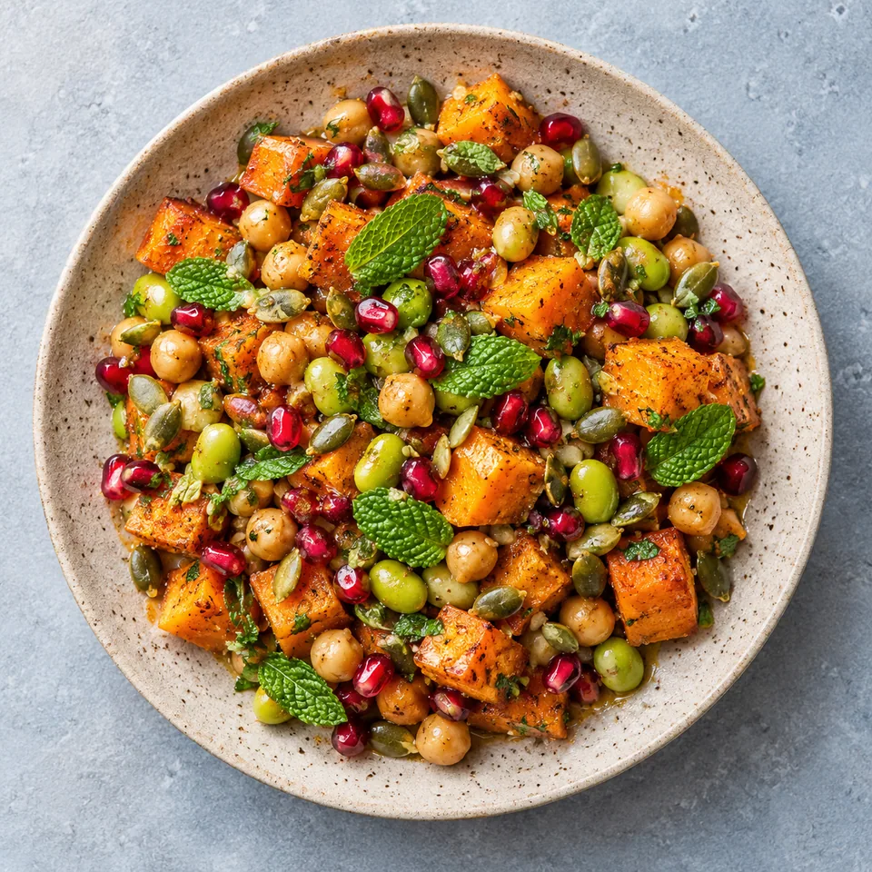 Shakarkandi chaat : mélange de patate douce, pois chiches, grenade et menthe sur assiette grès beige.