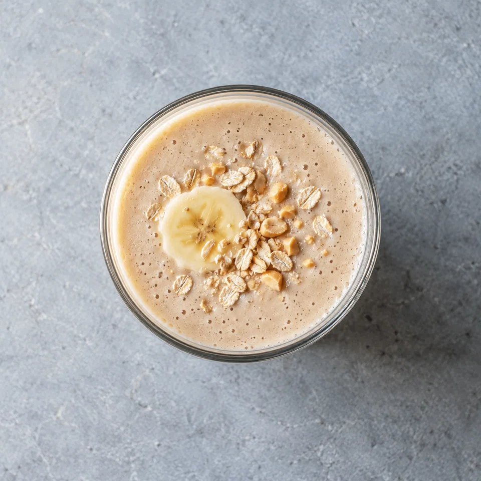 Shake banane avoine et cacahuète beige lisse dans un grand verre transparent