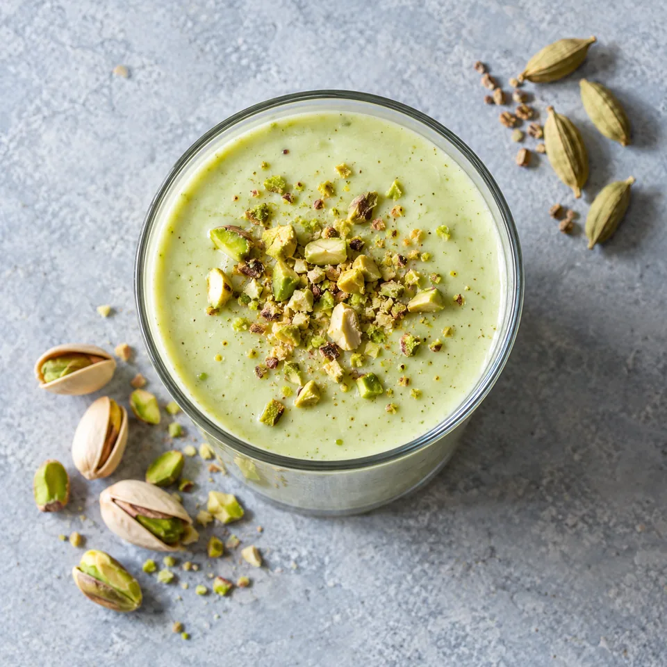 Shake pistache-cardamome au skyr dans un verre, parsemé de pistaches concassées.