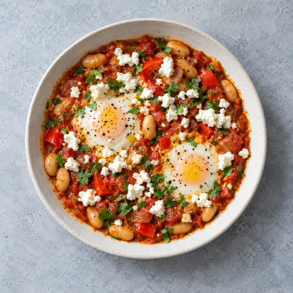 Shakshuka aux haricots blancs et feta : sauce tomate rouge, haricots blancs, deux œufs cuits et feta émiettée.
