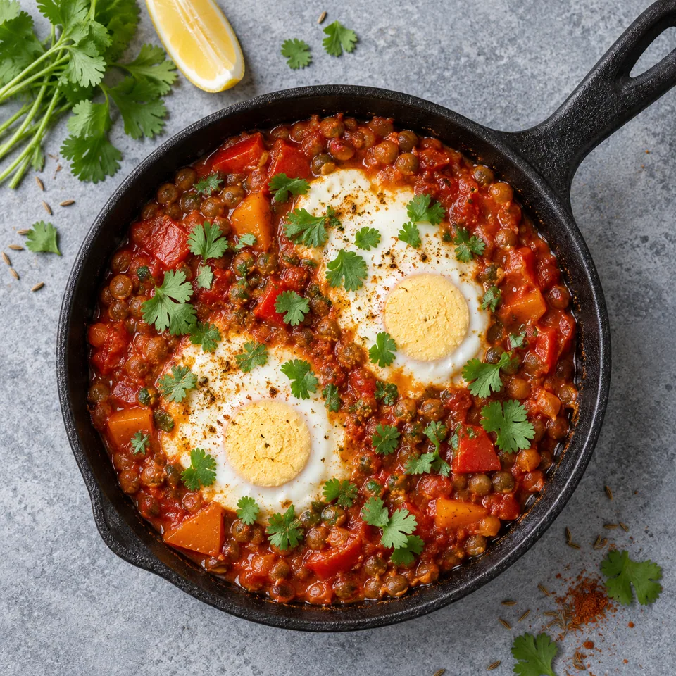 Shakshuka de lentilles au cumin dans un petit poêlon en fonte noire, avec œufs bien cuits, lentilles, poivron et coriandre fraîche.