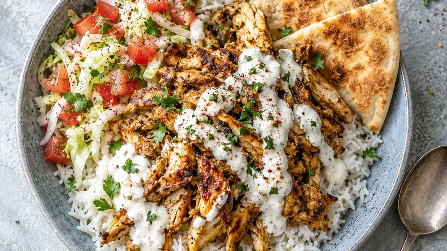 Shawarma de poulet en assiette, riz et sauce à l’ail